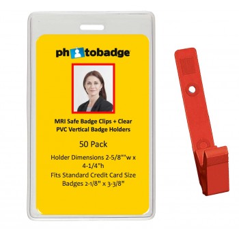 MRI Safe Clips and Vertical PVC Badge Holder- 50 pack